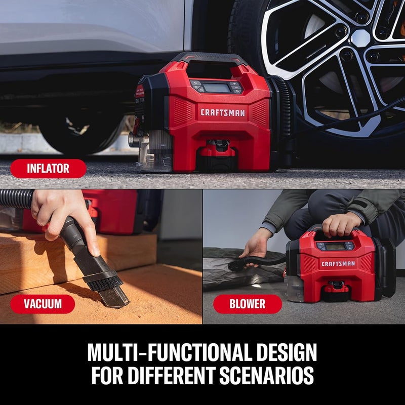 CRAFTSMAN مضخة هواء 3 في 1، 160 PSI ضاغط هواء محمول/مكنسة سيارات/نفاثة غبار، 20 فولت لاسلكية و12 فولت طاقة سيارة، مضخة هواء مع ضوء LED للسيارات والشاحنات وإطارات RV (البطارية تباع بشكل منفصل) - Image 3